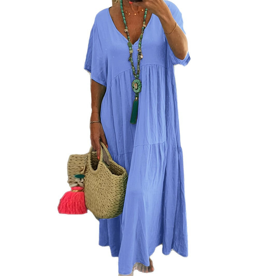 V-Neck Short Sleeve Tiered Linen Maxi Dress 5