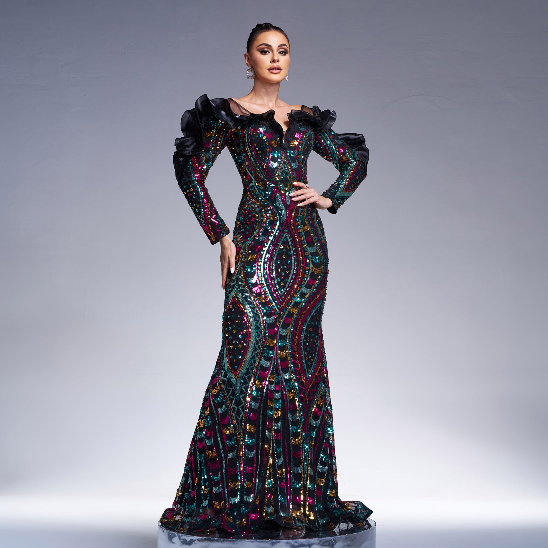 Long Sleeve V neck Hollow Out Cutout out Long Sequined Cocktail Fishtail Evening Dress Bridesmaid Dress Women