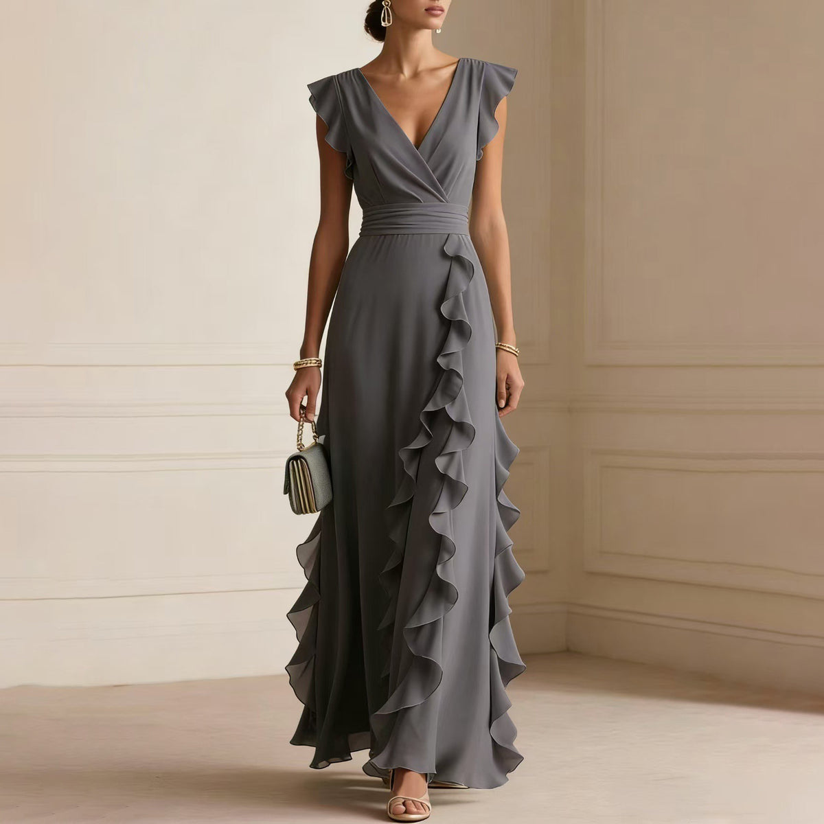 Chiffon Wrap V-Neck Flutter Sleeve Cascading Ruffle Maxi Dress 7