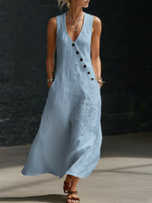 V-Neck Sleeveless Button Front Linen Maxi Dress 11