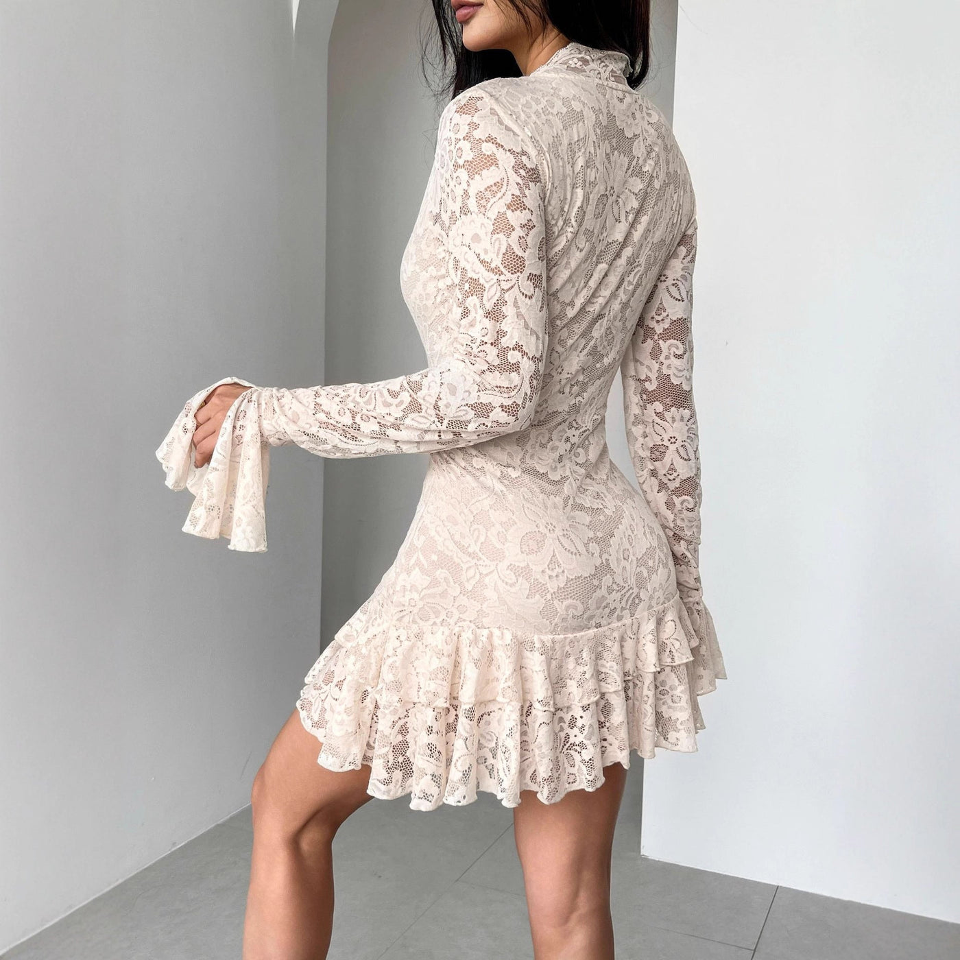 Autumn Winter Lace V neck Double Layer Ruffled Slim Fit Sheath Dress 2