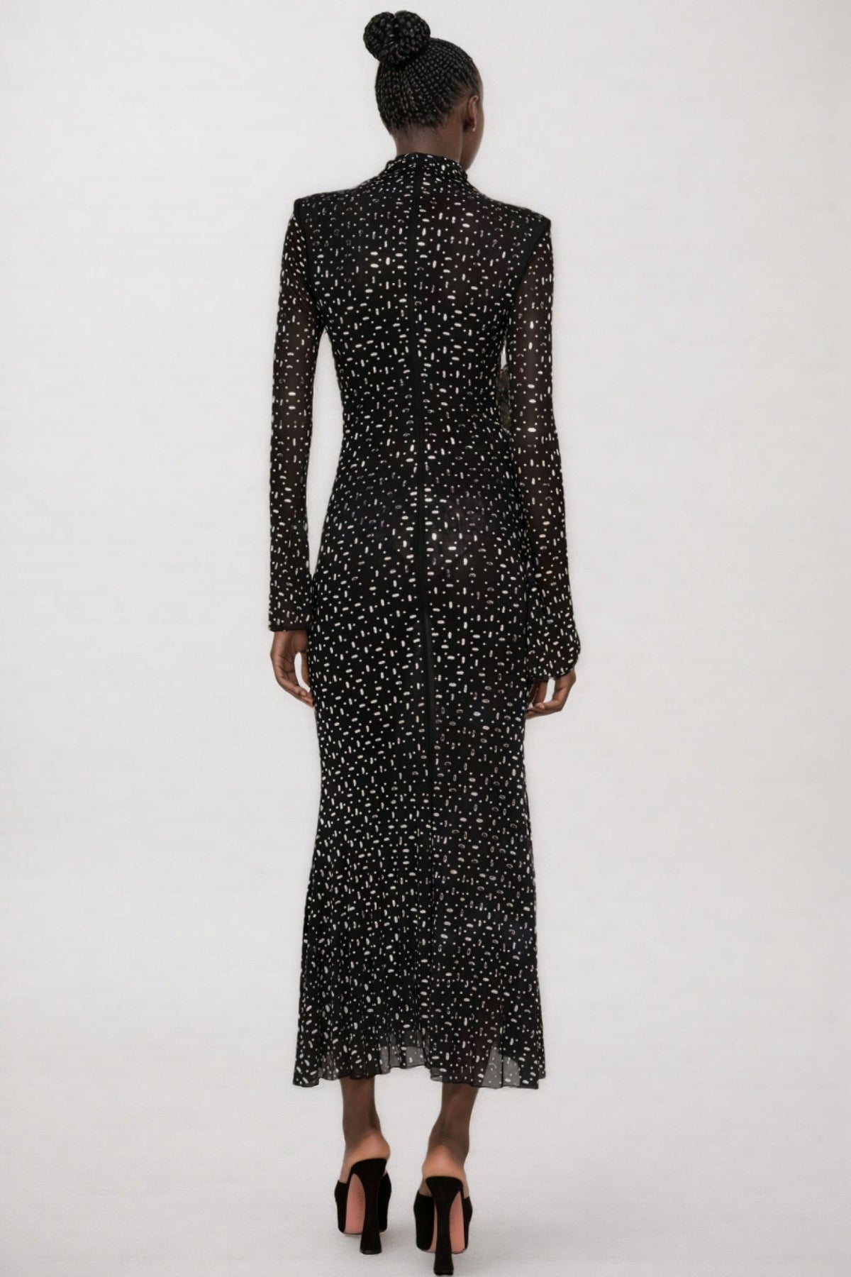 Mock Neck Long Sleeve Rhinestone Sheer Mesh Fishtail Midi Dress 4