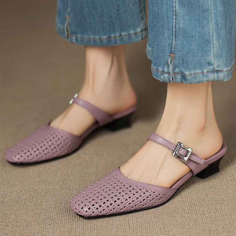 Square Toe Cut Out Buckle Block Heel Mules