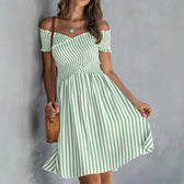 Striped Off Shoulder Short Sleeve Smocked Mini Dress 4