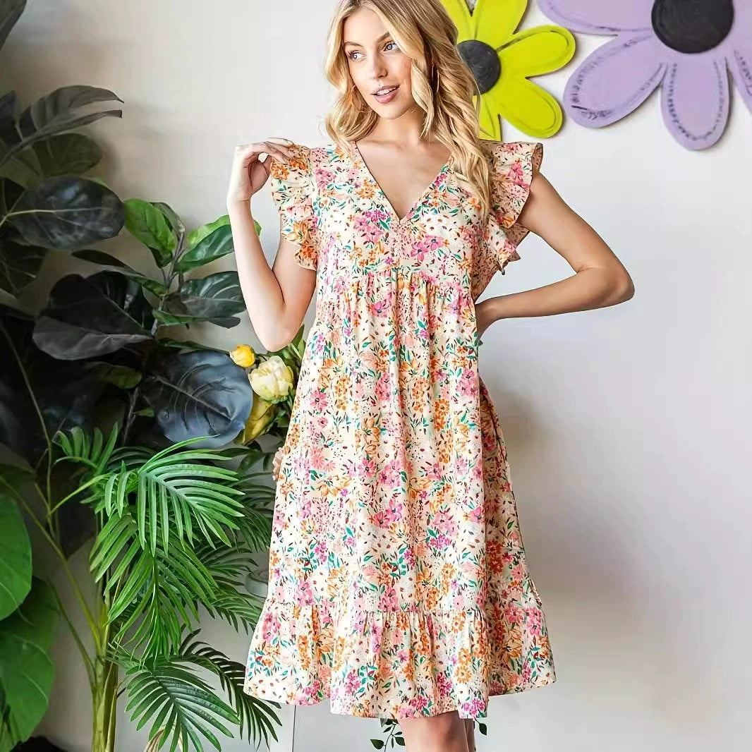 Floral V-Neck Flutter Sleeve Tiered Mini Dress