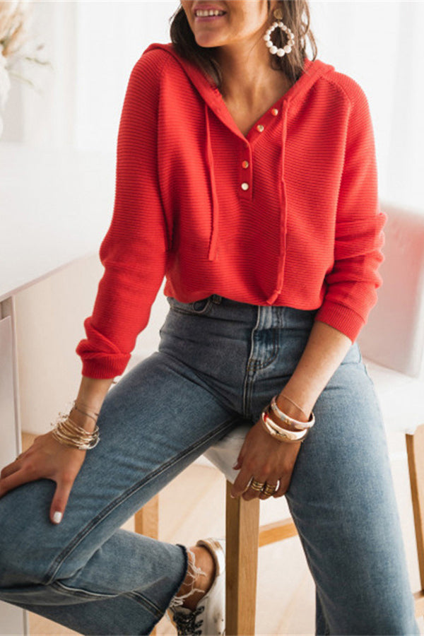 Button Neck Knit Hoodie