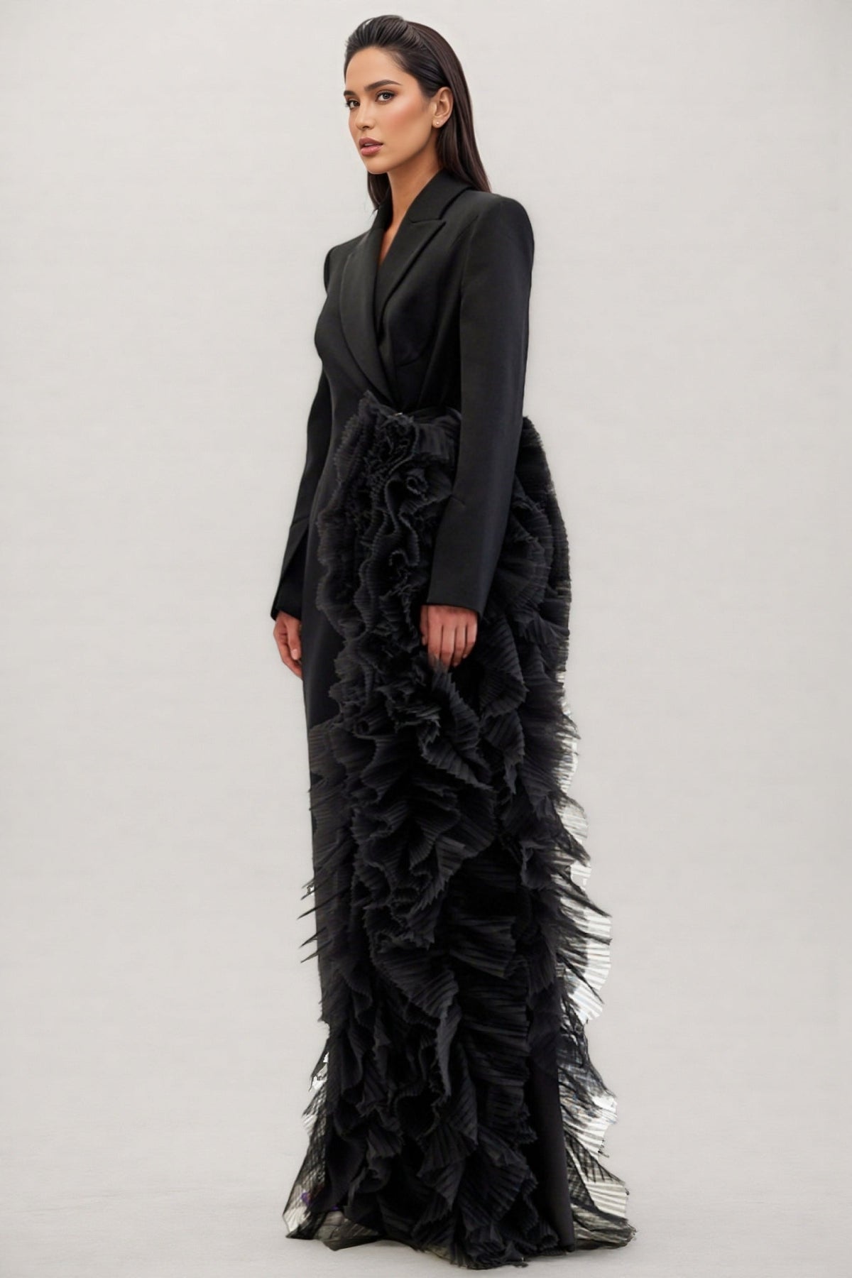 Long Sleeve Lapel Collar Pleated Ruffle Side Blazer Midi Dress 3