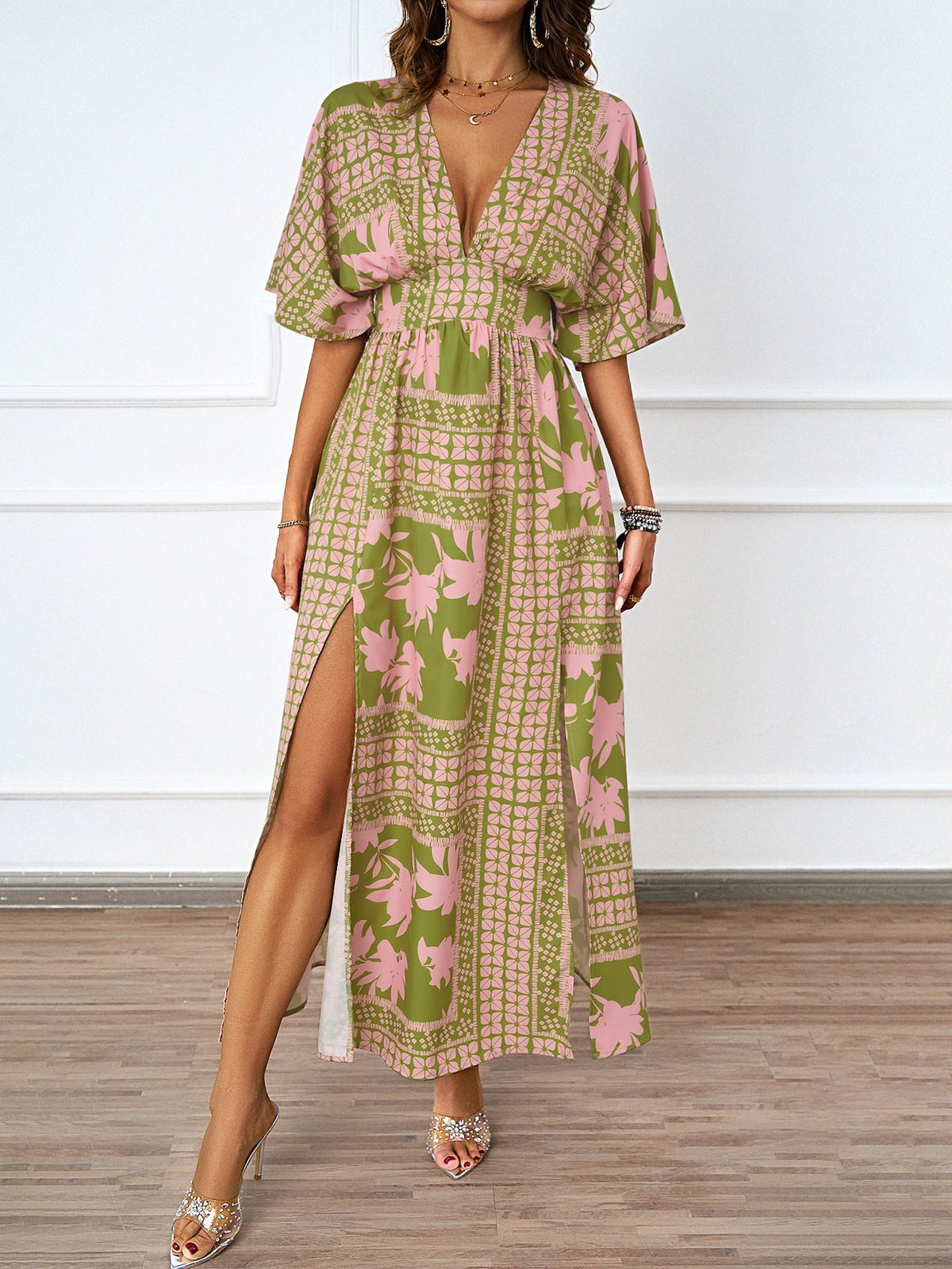 Floral Scarf Print Deep V-Neck Batwing Sleeve Double High Split Maxi Dress 2