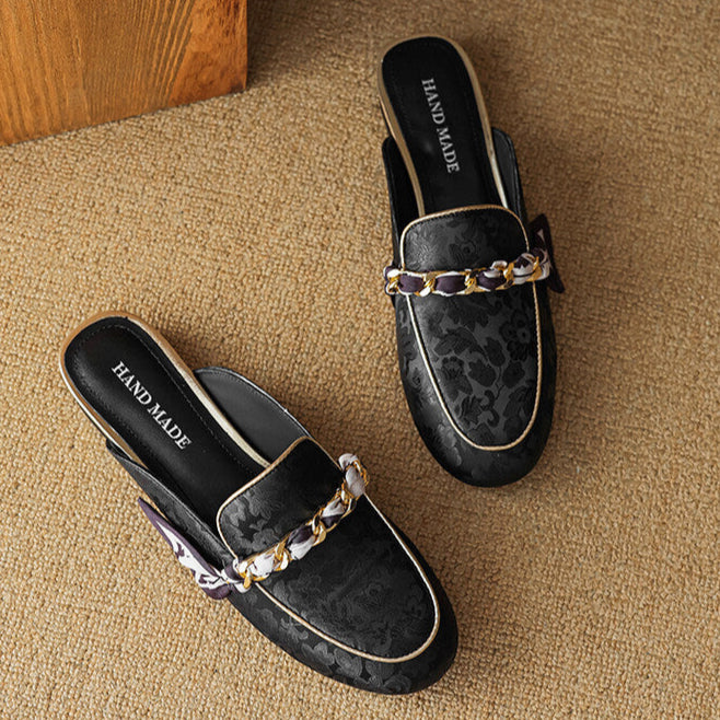Floral Jacquard Chain Detail Pointed Toe Flat Mules