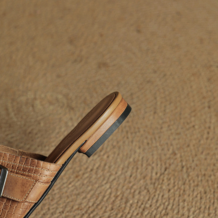Croc Print Square Toe Buckle Flat Mules