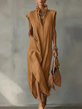 High Neck Cap Sleeve High Split Pocket Maxi Dress 8