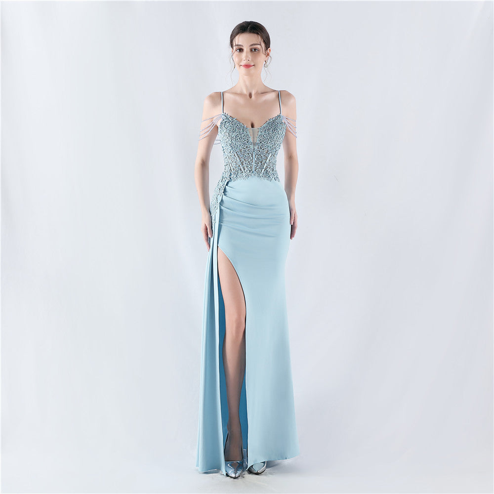 Dress Heavy Embroidery Drilling Order Floral Waist Boning Corset Beaded Satin Evening Dress Annual Meeting Wedding