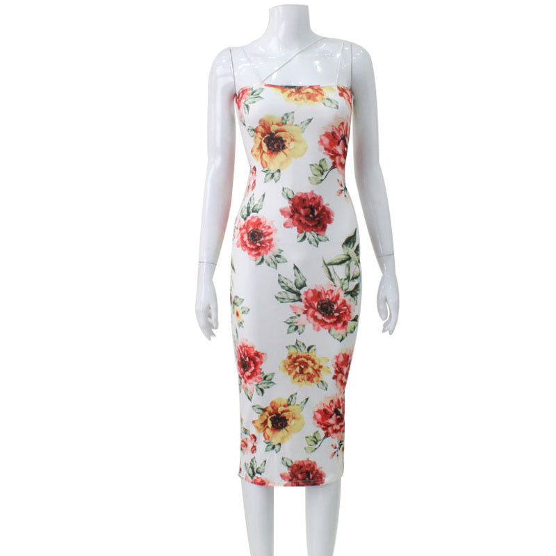 Floral Print Asymmetric Strap Scoop Neck Bodycon Midi Dress 4