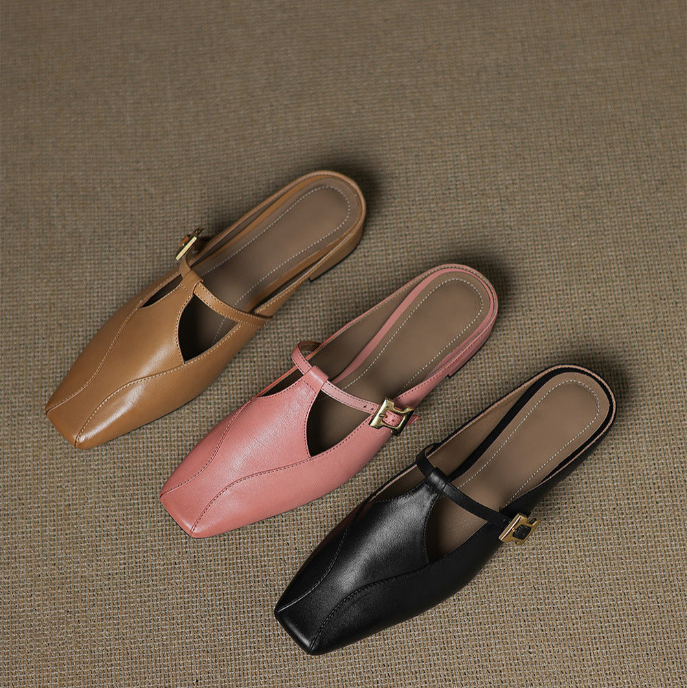 Square Toe Buckle Strap Low Block Heel Mules