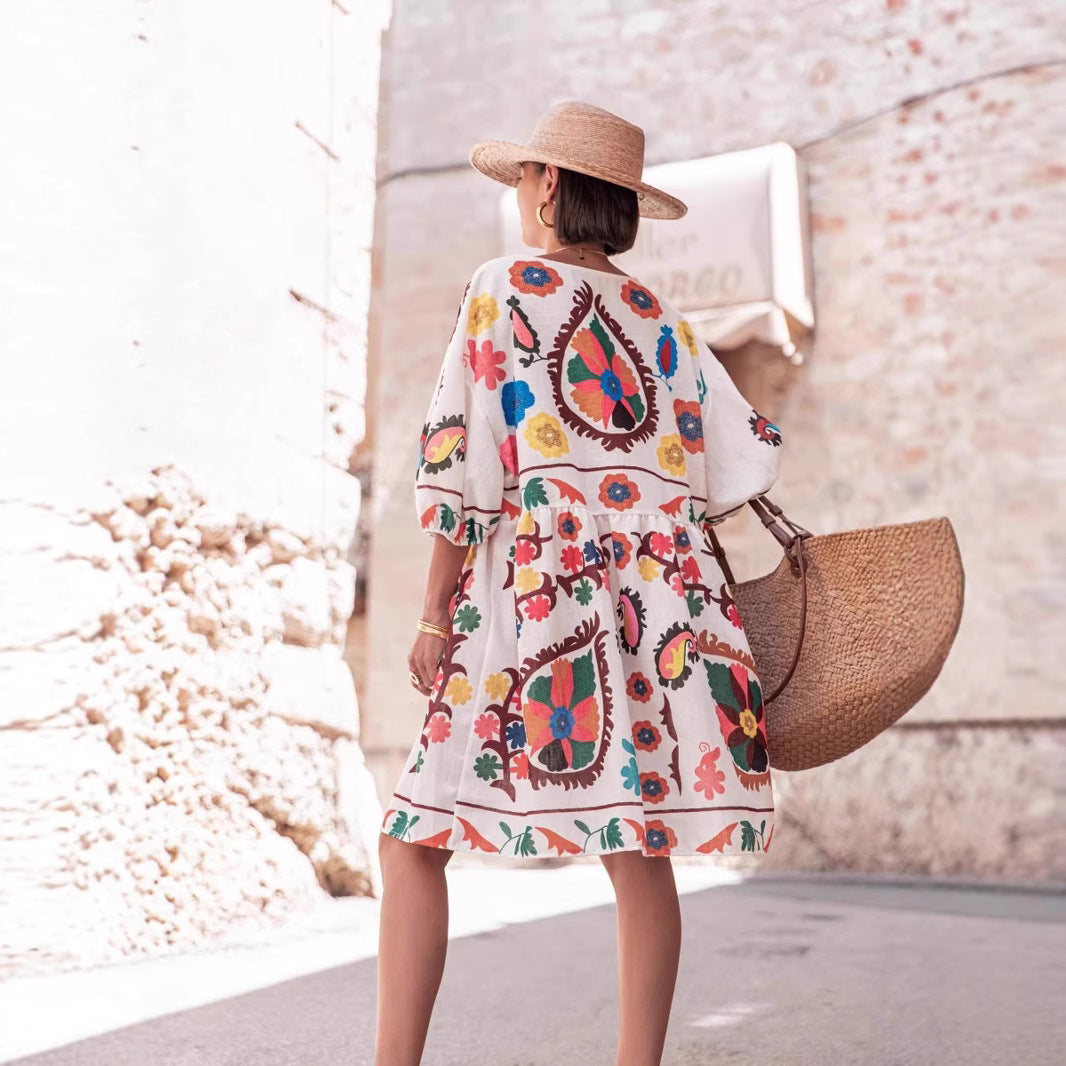 Summer Positioning Printing Loose Women Short Sleeve Mini Dress