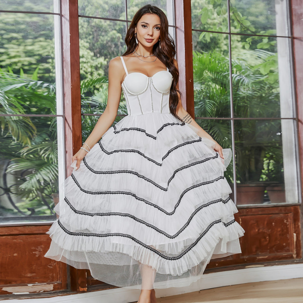 Spaghetti Strap Corset Bustier Contrast Trim Tiered Tulle Midi Dress