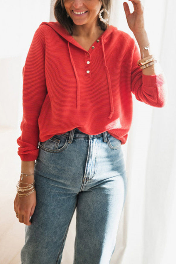 Button Neck Knit Hoodie
