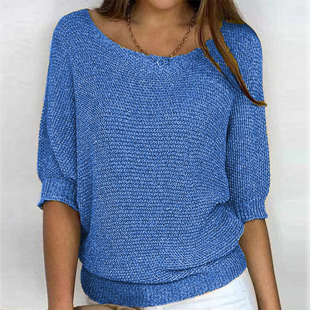 Boat Neck Short Sleeve Ribbed Hem Knit Sweater