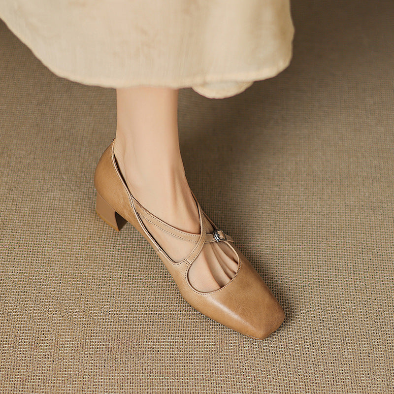 Square Toe Double Buckle Strap Block Heel Mary Jane Pumps
