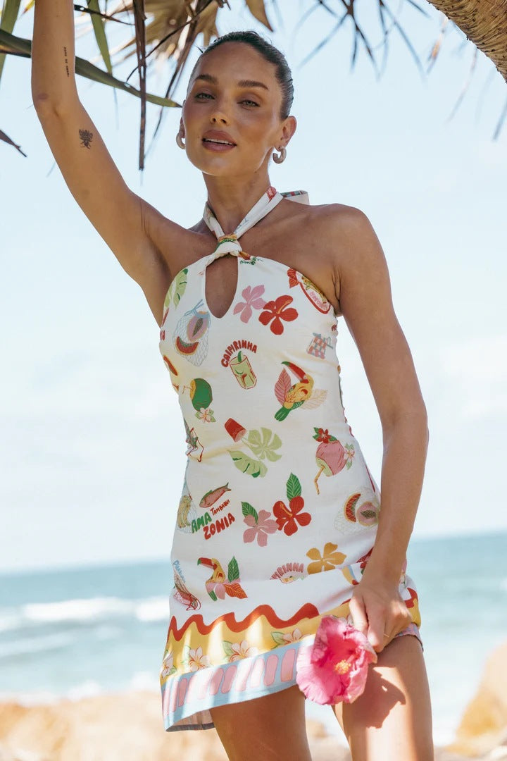 Tropical Print Crisscross Halter Keyhole Backless Shift Mini Dress 2