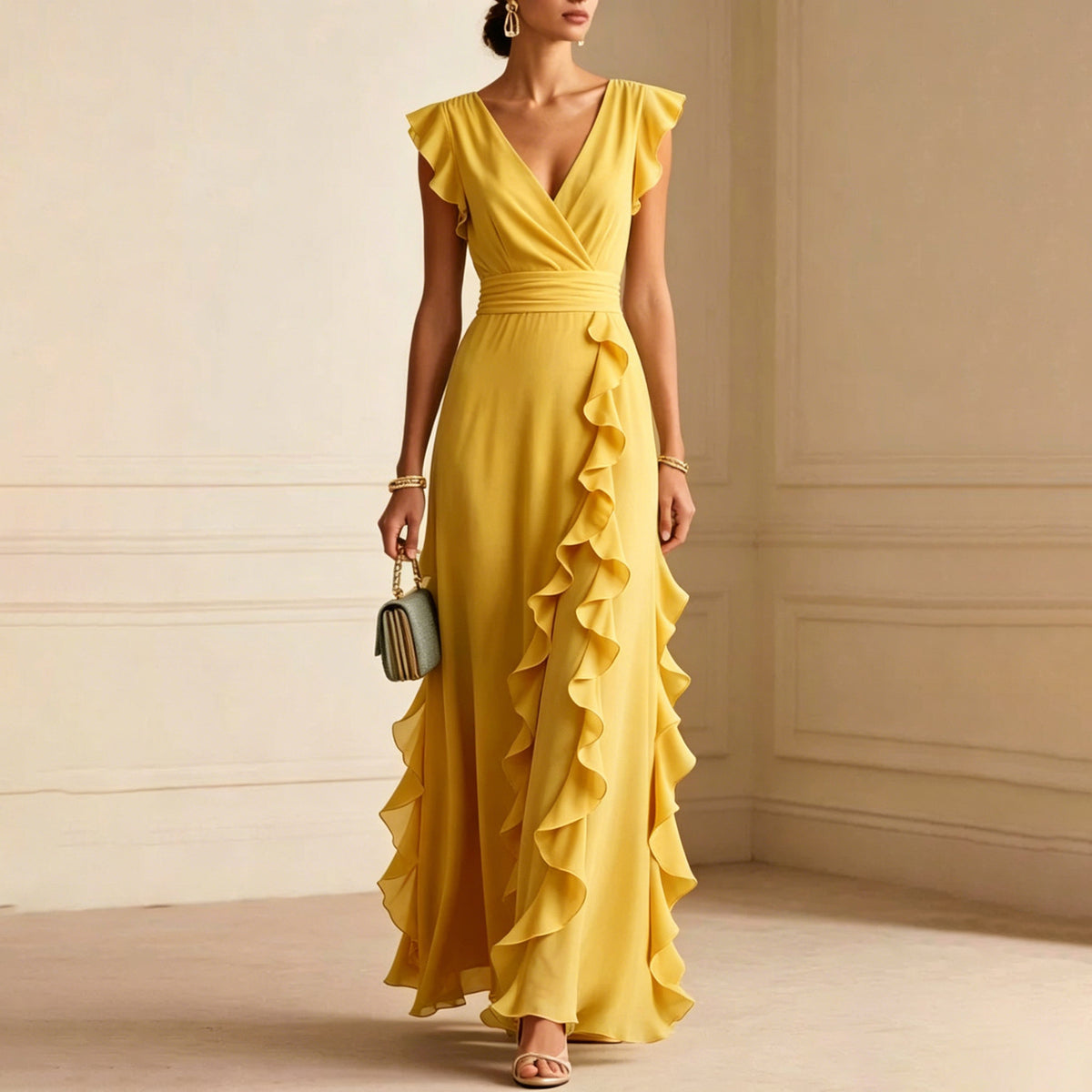 Chiffon Wrap V-Neck Flutter Sleeve Cascading Ruffle Maxi Dress 6
