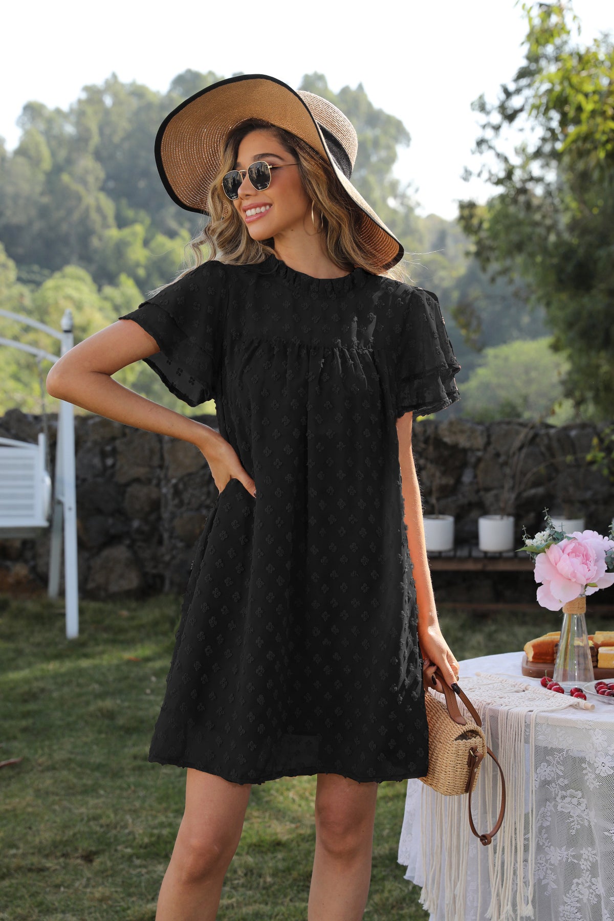 Swiss Dot Ruffle Neck Layered Flutter Sleeve Shift Mini Dress 7
