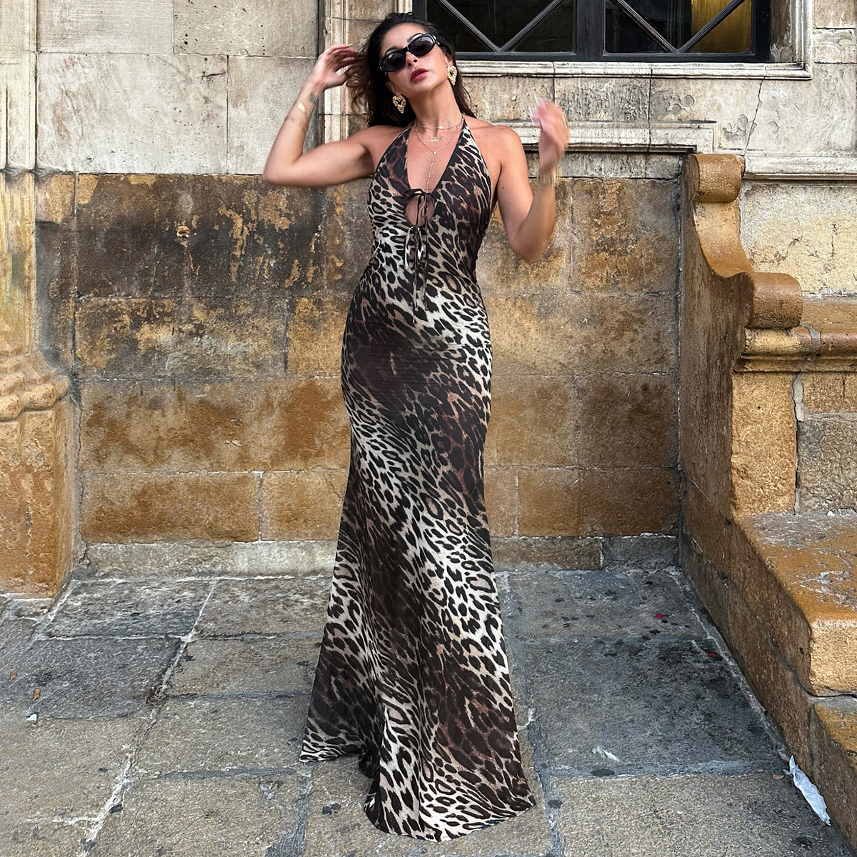 Leopard Print Tie Front Halter V-Neck Backless Maxi Dress 2