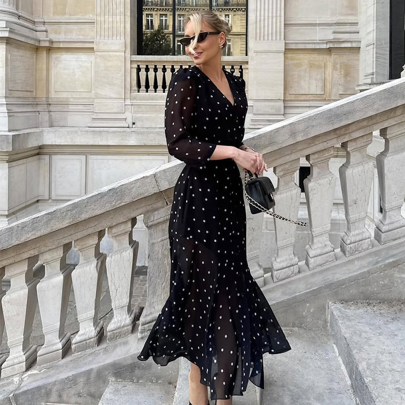 Polka Dot Sheer Chiffon V-Neck Long Sleeve Flounce Hem Midi Dress