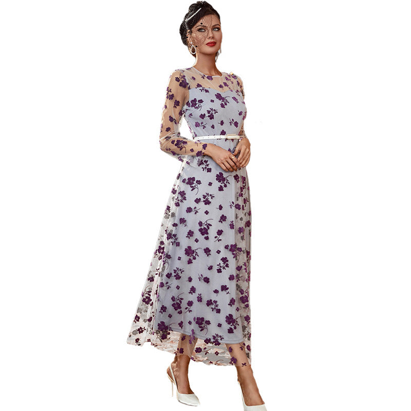 Floral Embroidered Mesh Round Neck Long Sleeve Belted A-Line Maxi Dress 5