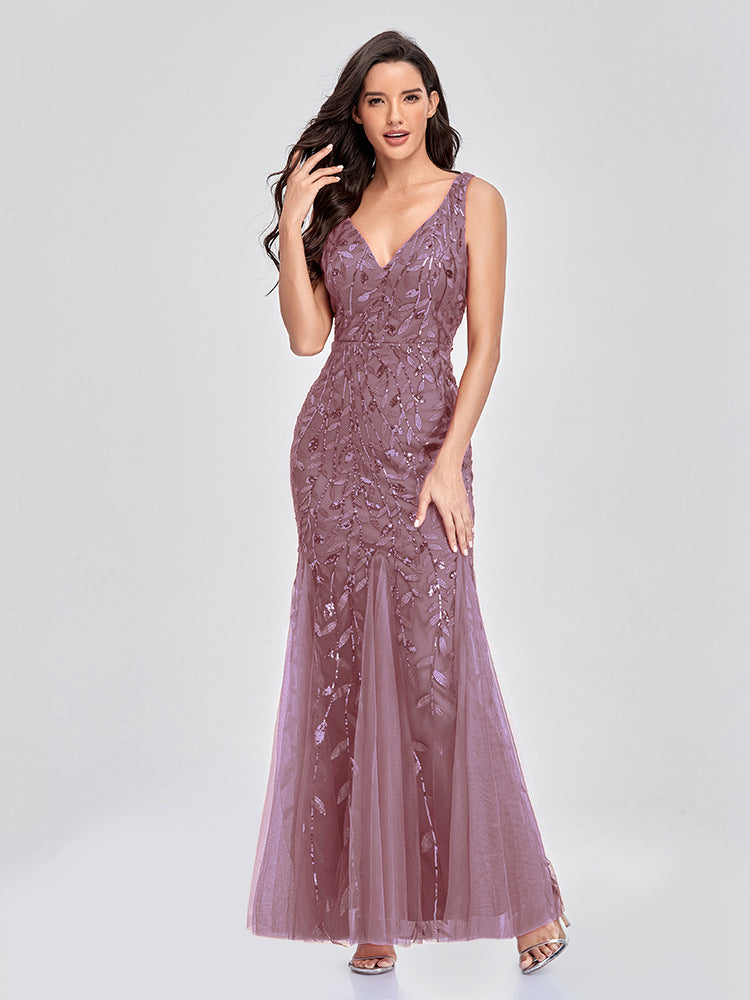 Sequin Embroidered V-Neck Sleeveless Tulle Mermaid Gown