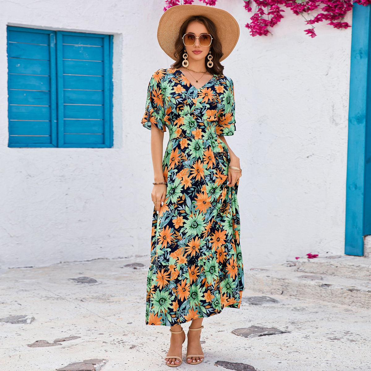 Floral Print V-Neck Ruffle Short Sleeve Ruffle Hem Maxi Dress