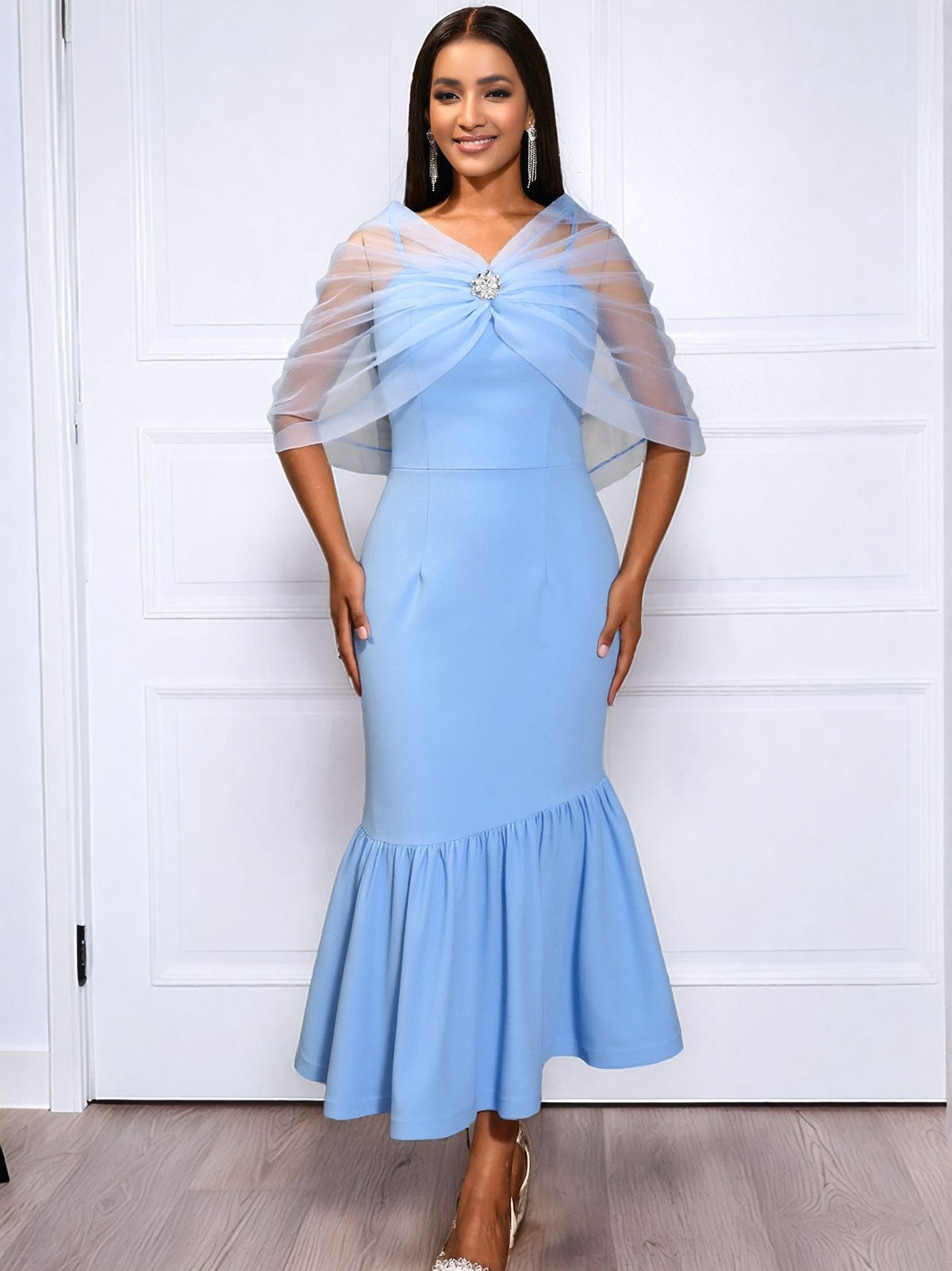 Organza Bow Off Shoulder Brooch Detail Ruffle Hem Mermaid Midi Dress 2