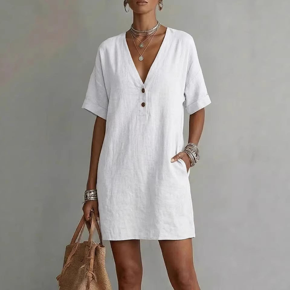 V-Neck Short Sleeve Button Front Shift Mini Dress 5