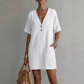 V-Neck Short Sleeve Button Front Shift Mini Dress 5