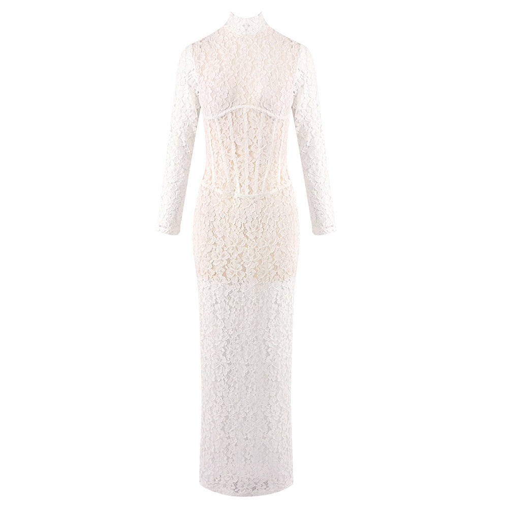 Elegant Luxurious White Lace Maxi Dress - View 3