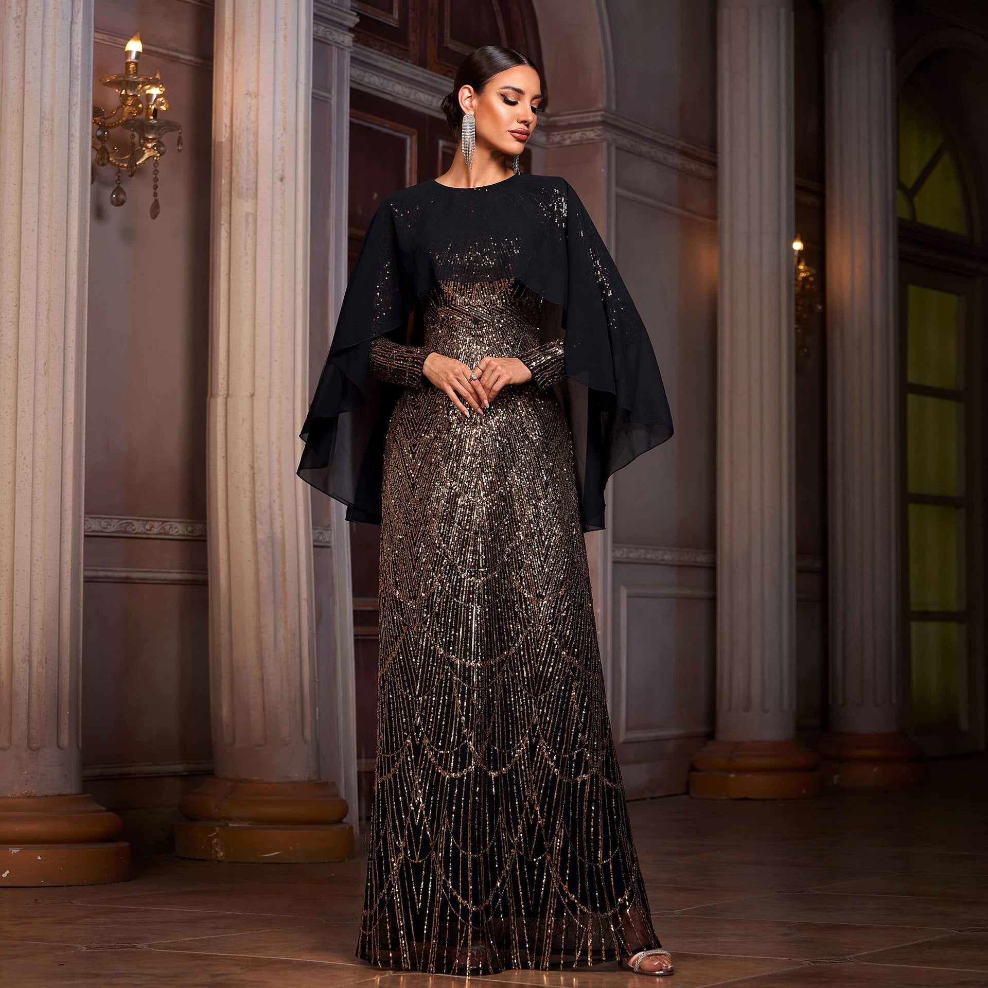 Women Clothing High Grade Long Sleeved round Neck Shawl Cocktail Sequined A Swing Evening Dress Women