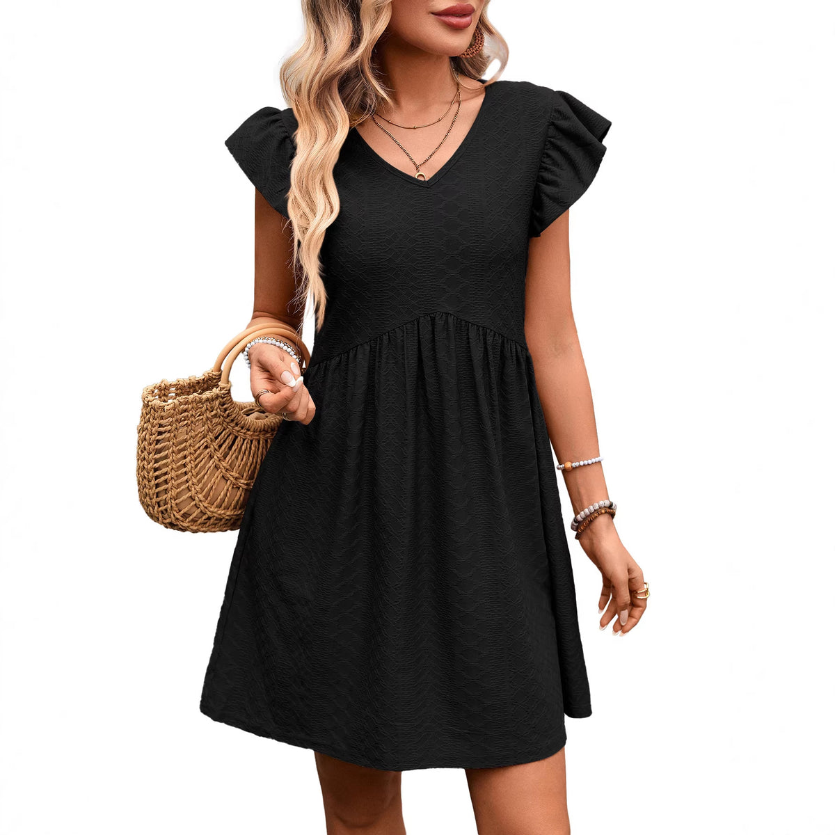 Textured V-Neck Flutter Sleeve Pocket Babydoll Mini Dress 4