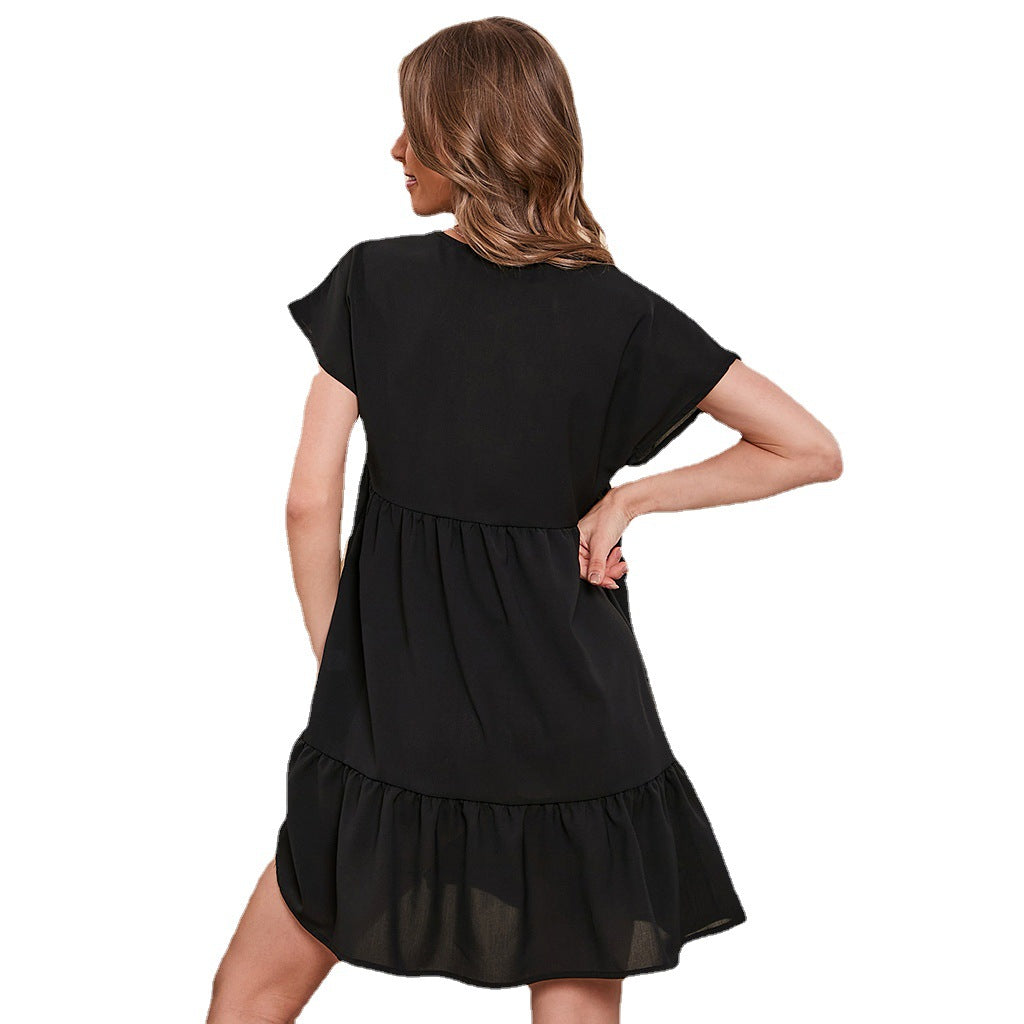 V-Neck Short Sleeve Ruffle Hem Loose Swing Mini Dress 5