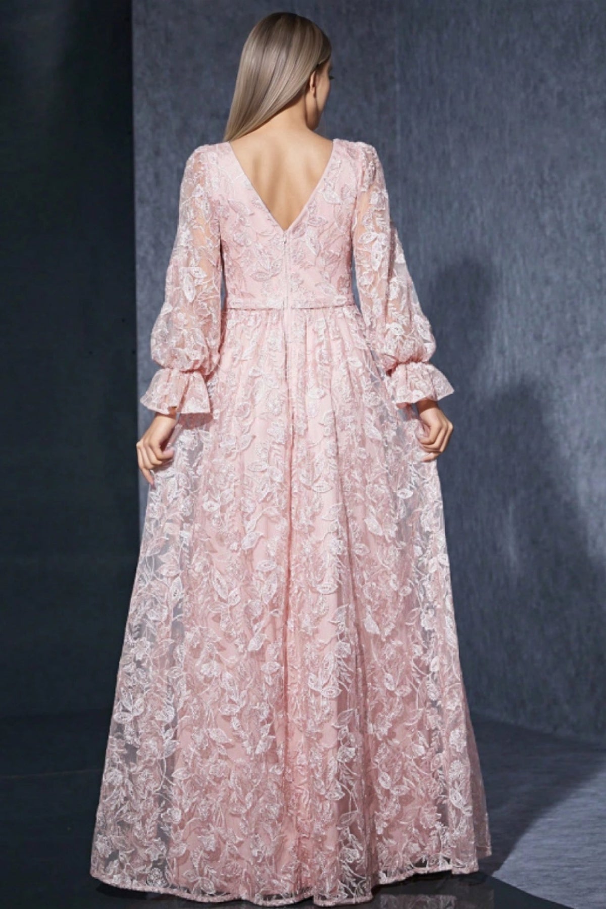 Square Neck Puff Sleeve Floral Embroidered Lace High Split Maxi Dress 5