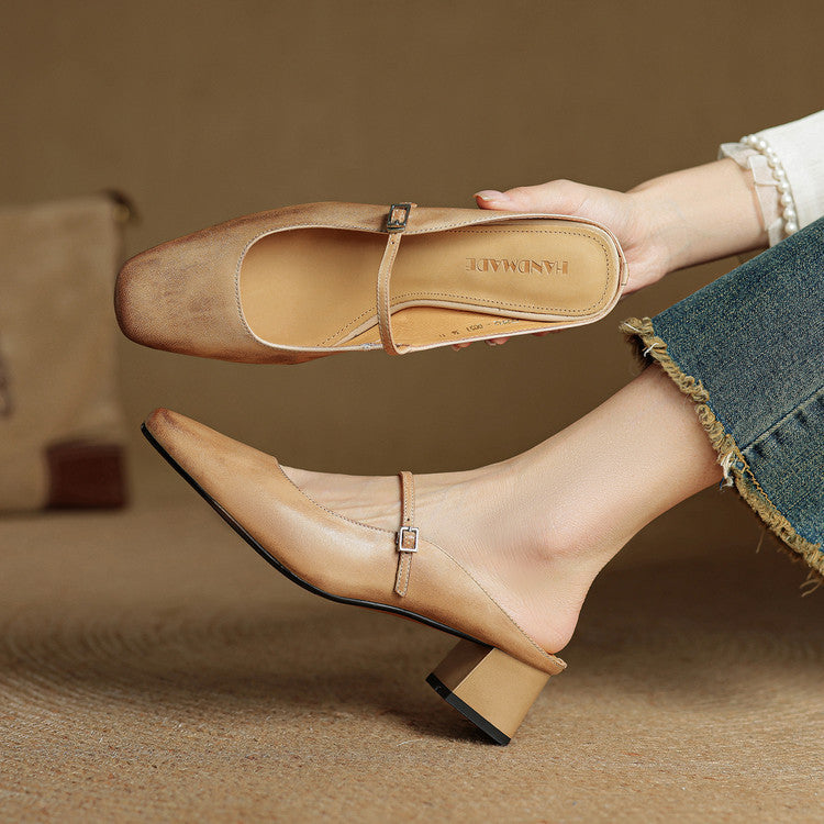 Square Toe Buckle Strap Block Heel Mary Jane Mules