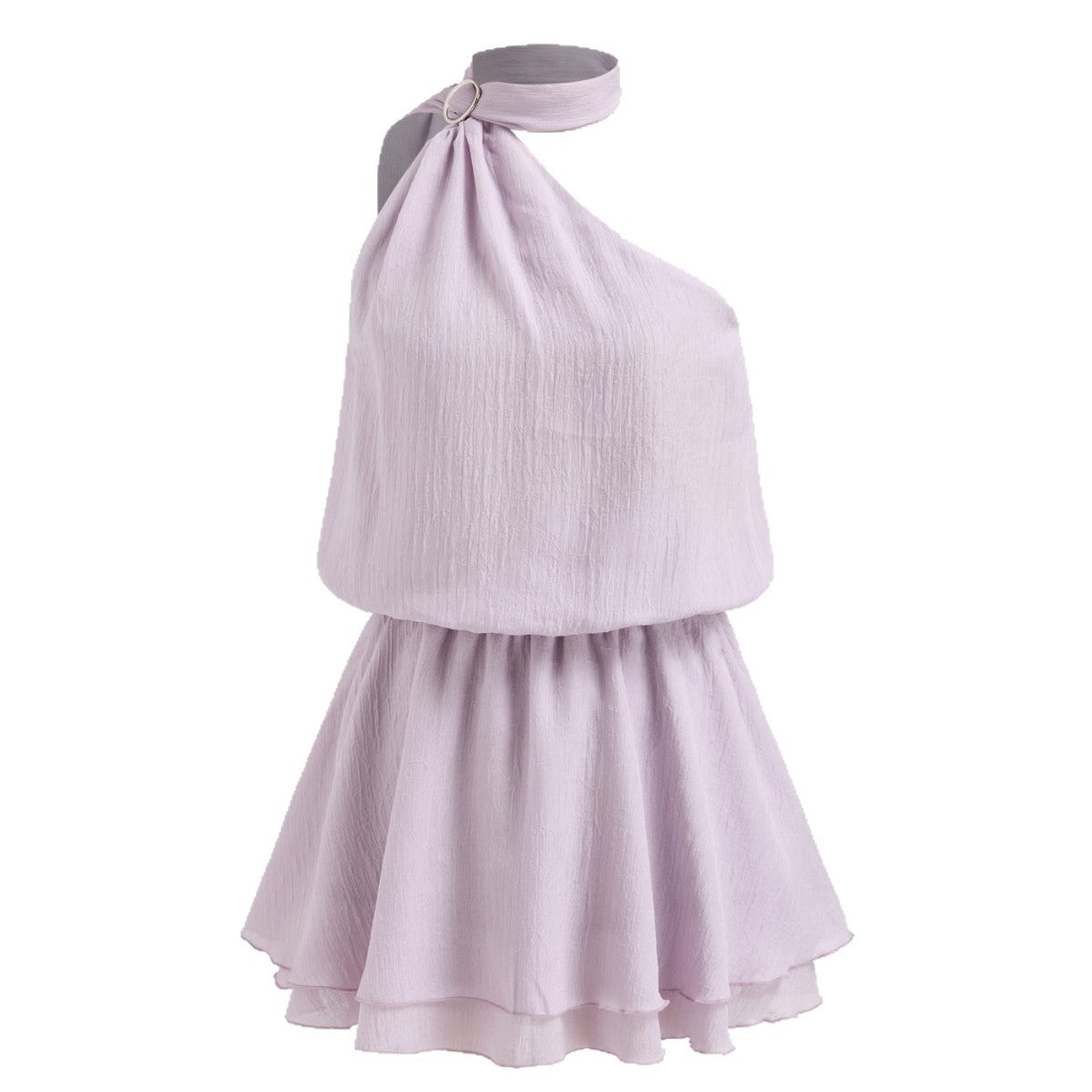 One Shoulder Halter Neck O-Ring Elastic Waist Layered Mini Dress 5