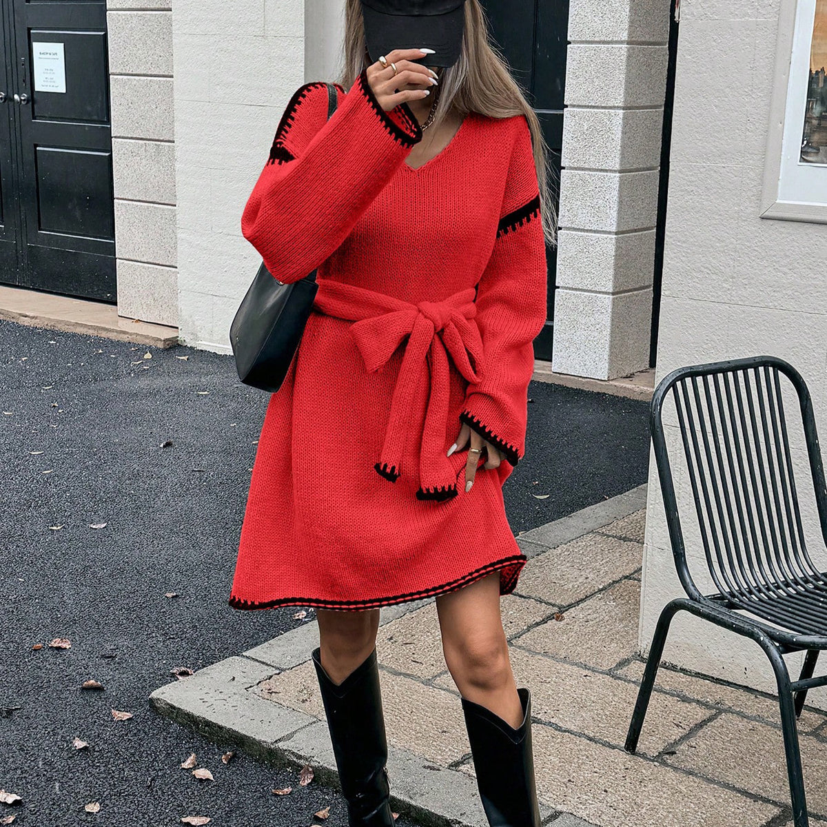 V-Neck Long Sleeve Tie Waist Contrast Stitch Knit Sweater Dress 8
