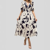 Abstract Print V-Neck Puff Sleeve Smocked Waist Midi Dress 8