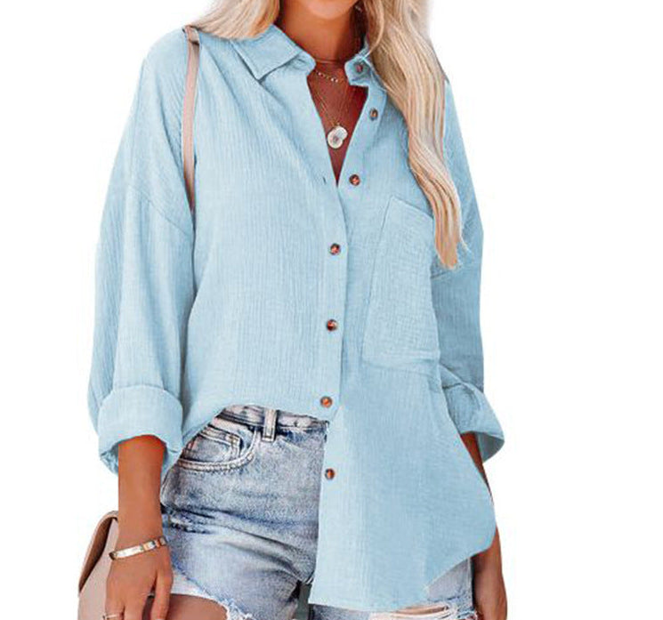 Collared Long Sleeve Button Down Textured Pocket Shirt