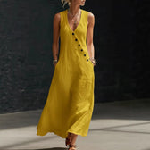 V-Neck Sleeveless Button Front Linen Maxi Dress