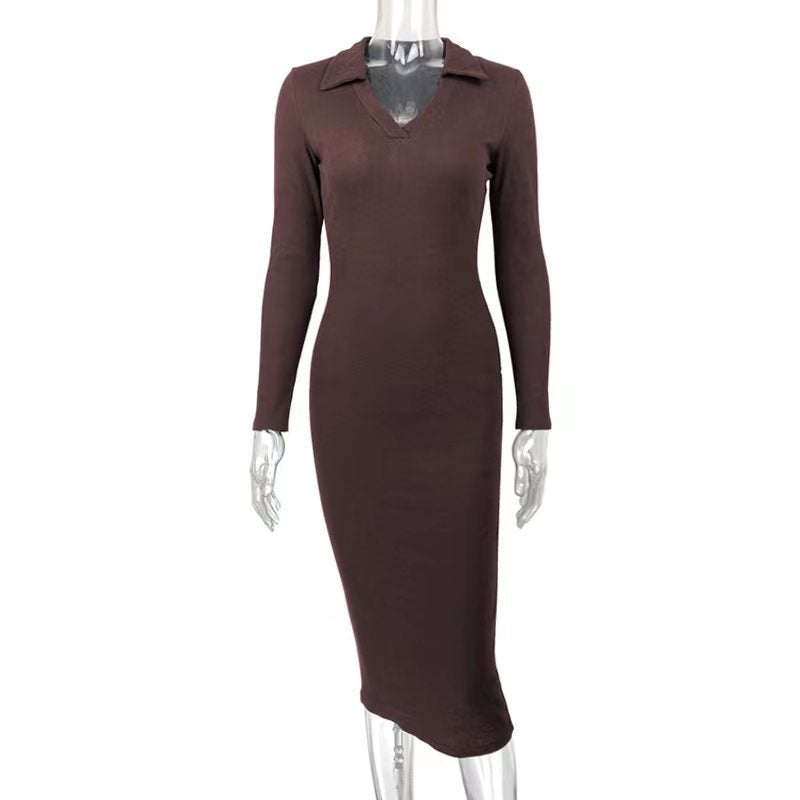 Ribbed Knit Collared V-Neck Long Sleeve Bodycon Midi Sweater Dress 5