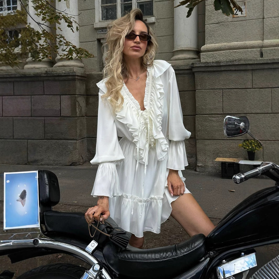 Deep V-Neck Long Sleeve Ruffle Tiered Mini Dress