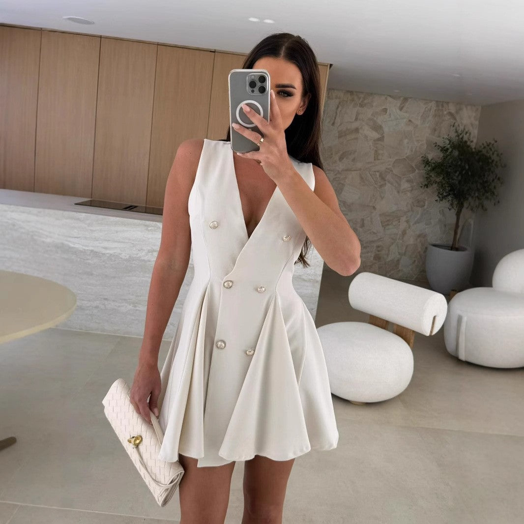 Deep V-Neck Sleeveless Double Breasted Pleated Skater Mini Blazer Dress