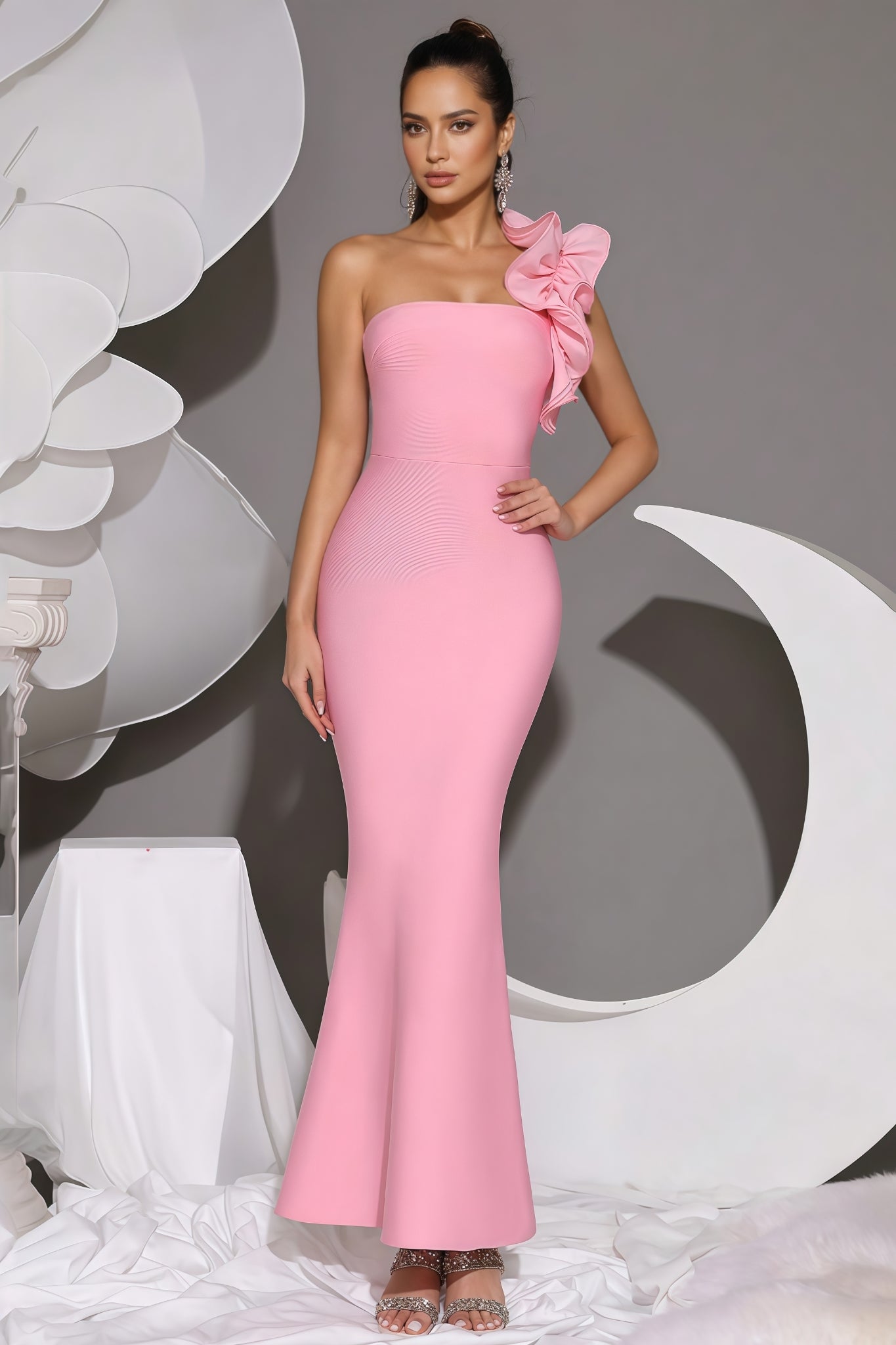 Marigold Pink One Shoulder Bandage Maxi Dress - View 2