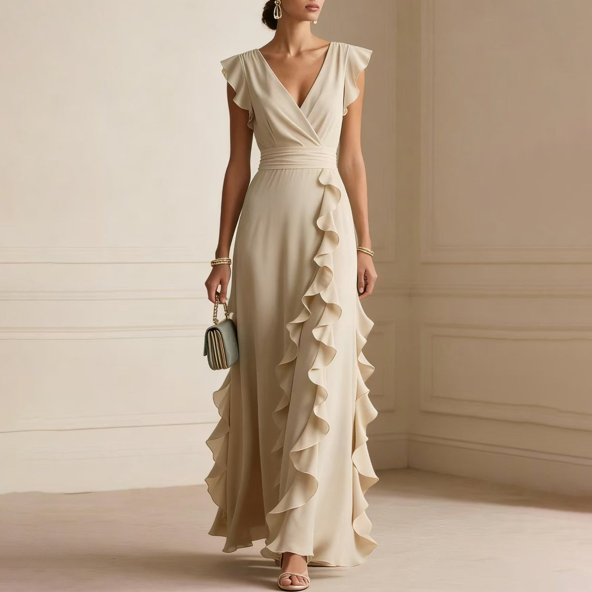 Chiffon Wrap V-Neck Flutter Sleeve Cascading Ruffle Maxi Dress 11